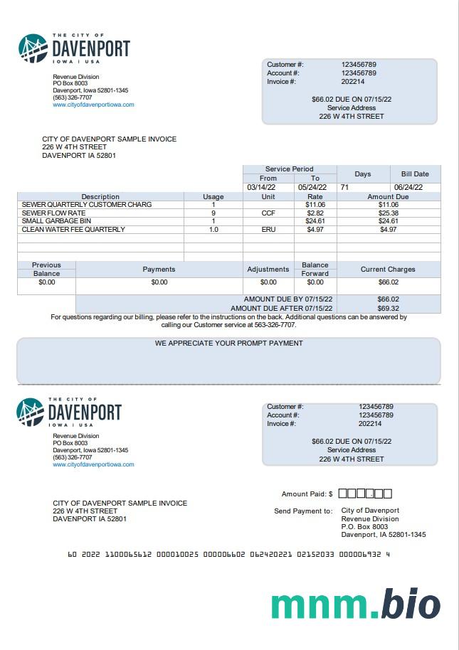 Szablon rachunku za media w USA Iowa City of Davenport w formacie Word i PDF